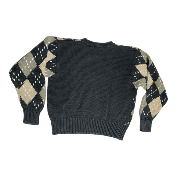 VTG Argyle Sweater harlequin Medium 90’s Dark Academia Black Tan jester unisex - Picture 5 of 5